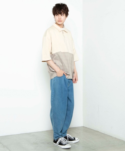 WEGO(ウィゴー)の「WEGO/チェックバイカラーハーフジップ半袖プルオーバー(Tシャツ/カットソー・メンズ・ブラック/ホワイト/ベージュ・MEDIUM/LARGE)」の12枚目の写真