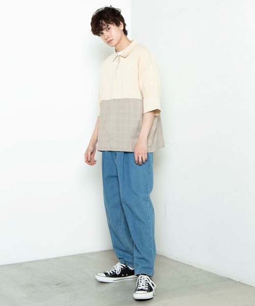 WEGO(ウィゴー)の「WEGO/チェックバイカラーハーフジップ半袖プルオーバー(Tシャツ/カットソー・メンズ・ブラック/ホワイト/ベージュ・MEDIUM/LARGE)」の11枚目の写真
