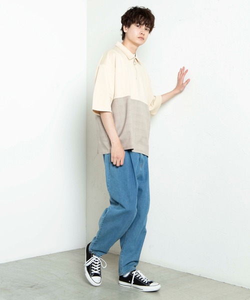 WEGO(ウィゴー)の「WEGO/チェックバイカラーハーフジップ半袖プルオーバー(Tシャツ/カットソー・メンズ・ブラック/ホワイト/ベージュ・MEDIUM/LARGE)」の10枚目の写真