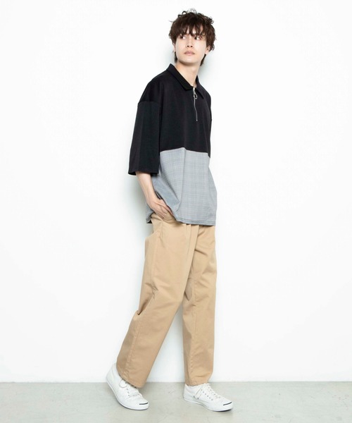 WEGO(ウィゴー)の「WEGO/チェックバイカラーハーフジップ半袖プルオーバー(Tシャツ/カットソー・メンズ・ブラック/ホワイト/ベージュ・MEDIUM/LARGE)」の15枚目の写真