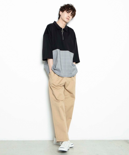 WEGO(ウィゴー)の「WEGO/チェックバイカラーハーフジップ半袖プルオーバー(Tシャツ/カットソー・メンズ・ブラック/ホワイト/ベージュ・MEDIUM/LARGE)」の14枚目の写真