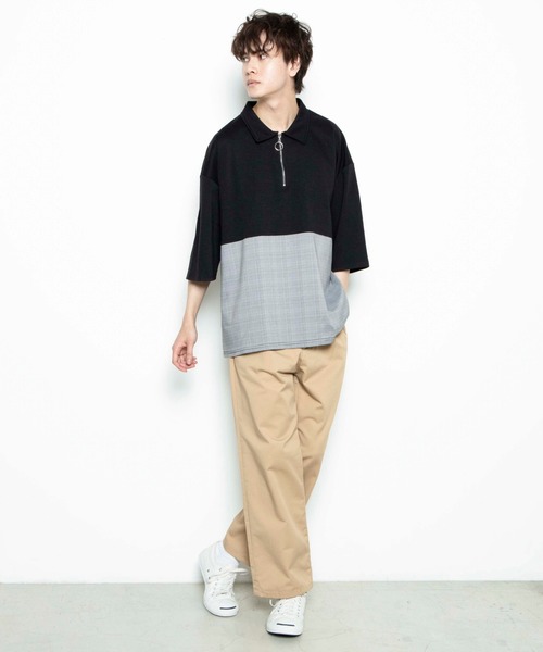 WEGO(ウィゴー)の「WEGO/チェックバイカラーハーフジップ半袖プルオーバー(Tシャツ/カットソー・メンズ・ブラック/ホワイト/ベージュ・MEDIUM/LARGE)」の13枚目の写真