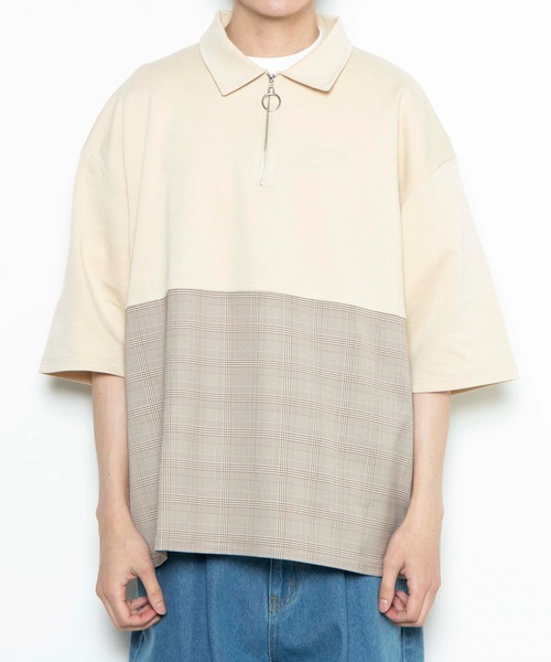 WEGO(ウィゴー)の「WEGO/チェックバイカラーハーフジップ半袖プルオーバー(Tシャツ/カットソー・メンズ・ブラック/ホワイト/ベージュ・MEDIUM/LARGE)」の7枚目の写真