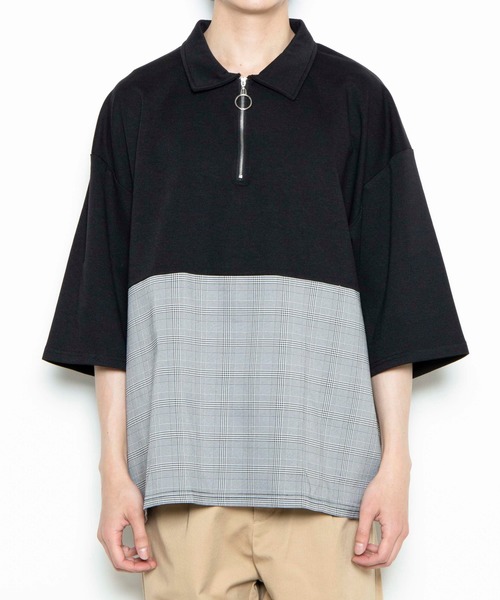 WEGO(ウィゴー)の「WEGO/チェックバイカラーハーフジップ半袖プルオーバー(Tシャツ/カットソー・メンズ・ブラック/ホワイト/ベージュ・MEDIUM/LARGE)」の8枚目の写真