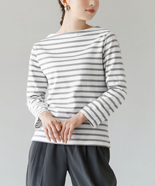 zootie（ズーティー）の「【汚れにくい撥水・撥油加工つき！】シミヘン加工 フレンチバスクシャツ［ボーダー］（Tシャツ/カットソー・レディース・グレー系その他/ホワイト系その他/ブラウン系その他/ホワイト×ブラック/グレー×ホワイト/ホワイト系その他2/ホワイト系その他3/ホワイト系その他4/バーガンディー/ホワイト×ブルー/ホワイト×イエロー/ホワイト×ピンク/ホワイト×パープル/ブルー系その他/ホワイト×レッド/ブルー系その他3/ライトブルー/ブルー系その他2/イエロー系その他/イエロー系その他2/ライトイエロー/ホワイト×ライトピンク/グレー系その他2/ベージュ系その他/ネイビー系/ブラック系その他/ネイビー×ホワイト/ブルー系その他4・S/M/L/LL）」の15枚目の写真
