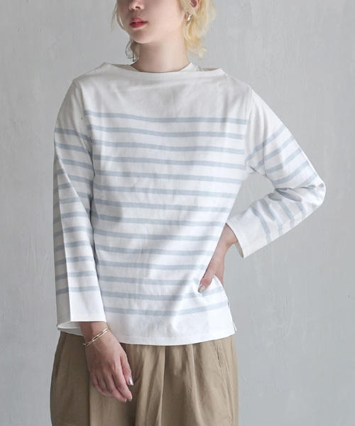 zootie（ズーティー）の「【汚れにくい撥水・撥油加工つき！】シミヘン加工 フレンチバスクシャツ［ボーダー］（Tシャツ/カットソー・レディース・グレー系その他/ホワイト系その他/ブラウン系その他/ホワイト×ブラック/グレー×ホワイト/ホワイト系その他2/ホワイト系その他3/ホワイト系その他4/バーガンディー/ホワイト×ブルー/ホワイト×イエロー/ホワイト×ピンク/ホワイト×パープル/ブルー系その他/ホワイト×レッド/ブルー系その他3/ライトブルー/ブルー系その他2/イエロー系その他/イエロー系その他2/ライトイエロー/ホワイト×ライトピンク/グレー系その他2/ベージュ系その他/ネイビー系/ブラック系その他/ネイビー×ホワイト/ブルー系その他4・S/M/L/LL）」の22枚目の写真