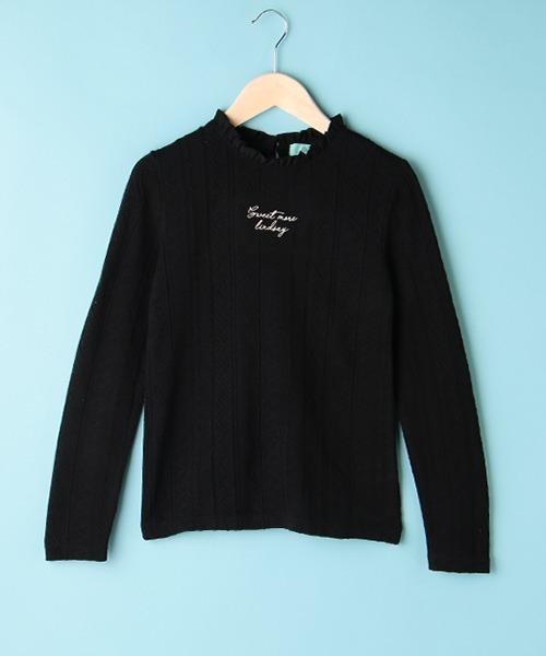 Lindsay(リンジィ)の「ふくれジャガードチビフリルネックTシャツ(Tシャツ/カットソー・キッズ・ブラック/アイボリー・L/M)」の2枚目の写真