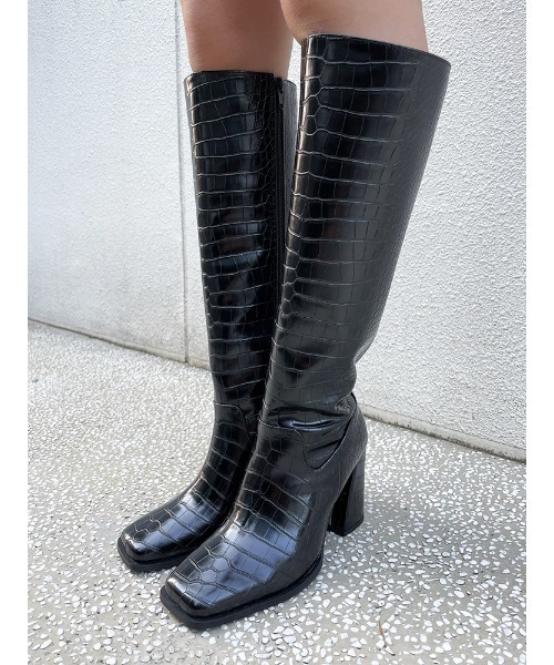 ENVYM（アンビー）の「スクエアトゥロングＢＯＯＴＳ（ブーツ・レディース・ブラック/ベージュ/パイソン・23.5/24.5/22.5）」の6枚目の写真