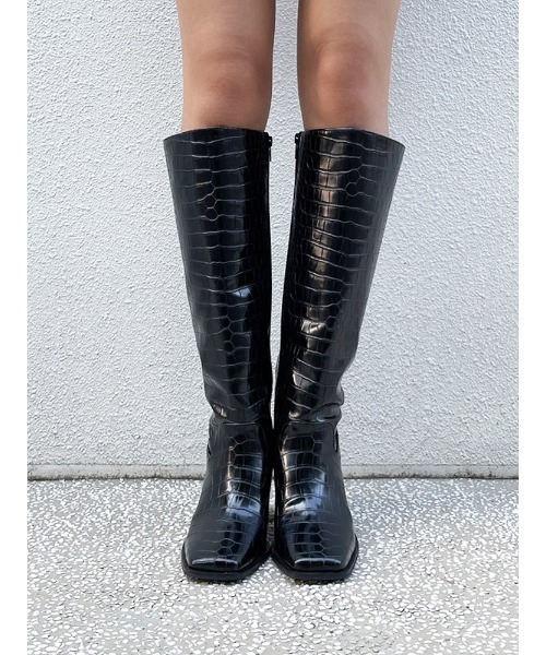 ENVYM（アンビー）の「スクエアトゥロングＢＯＯＴＳ（ブーツ・レディース・ブラック/ベージュ/パイソン・23.5/24.5/22.5）」の8枚目の写真