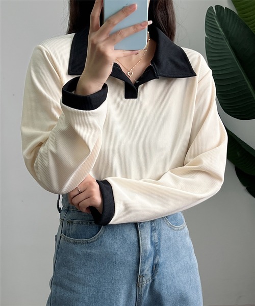 MAISON DE THERESE（メゾン ド テレーズ）の「バイカラー　ポロシャツ（ポロシャツ・レディース・ベージュ/ブラック/ベージュ系1/モカ・M/XL/L）」の3枚目の写真