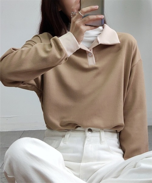 MAISON DE THERESE（メゾン ド テレーズ）の「バイカラー　ポロシャツ（ポロシャツ・レディース・ベージュ/ブラック/ベージュ系1/モカ・M/XL/L）」の2枚目の写真