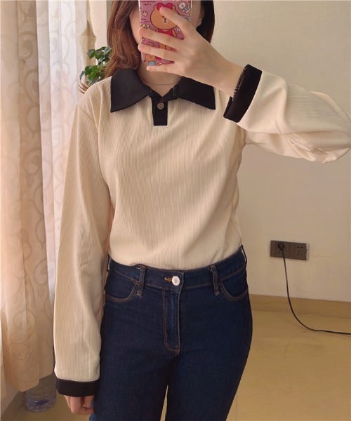 MAISON DE THERESE（メゾン ド テレーズ）の「バイカラー　ポロシャツ（ポロシャツ・レディース・ベージュ/ブラック/ベージュ系1/モカ・M/XL/L）」の5枚目の写真