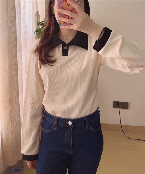 MAISON DE THERESE（メゾン ド テレーズ）の「バイカラー　ポロシャツ（ポロシャツ・レディース・ベージュ/ブラック/ベージュ系1/モカ・M/XL/L）」の6枚目の写真