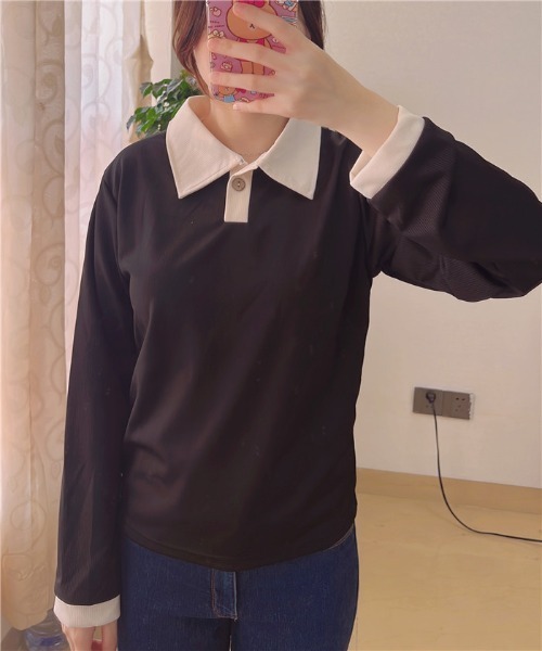 MAISON DE THERESE（メゾン ド テレーズ）の「バイカラー　ポロシャツ（ポロシャツ・レディース・ベージュ/ブラック/ベージュ系1/モカ・M/XL/L）」の7枚目の写真