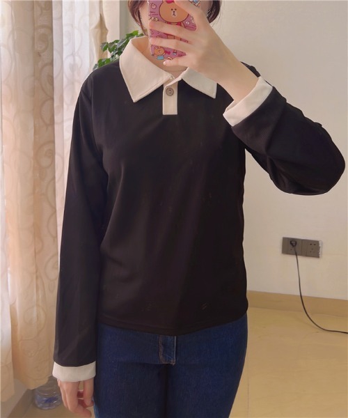 MAISON DE THERESE（メゾン ド テレーズ）の「バイカラー　ポロシャツ（ポロシャツ・レディース・ベージュ/ブラック/ベージュ系1/モカ・M/XL/L）」の8枚目の写真