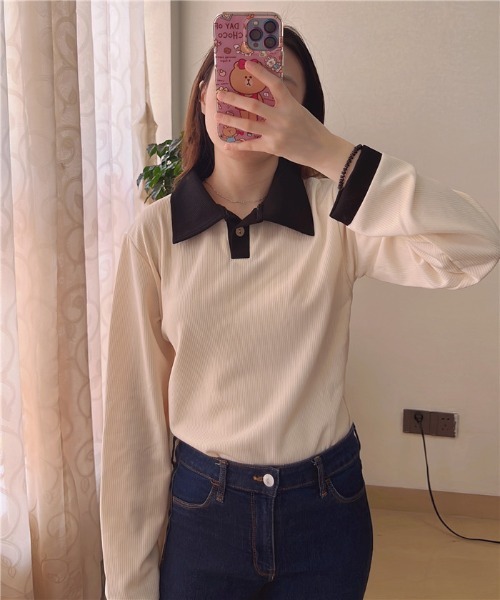 MAISON DE THERESE（メゾン ド テレーズ）の「バイカラー　ポロシャツ（ポロシャツ・レディース・ベージュ/ブラック/ベージュ系1/モカ・M/XL/L）」の9枚目の写真