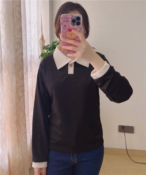 MAISON DE THERESE（メゾン ド テレーズ）の「バイカラー　ポロシャツ（ポロシャツ・レディース・ベージュ/ブラック/ベージュ系1/モカ・M/XL/L）」の10枚目の写真