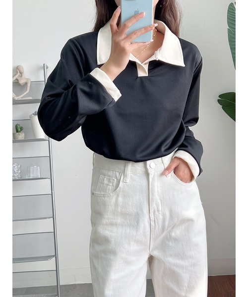 MAISON DE THERESE（メゾン ド テレーズ）の「バイカラー　ポロシャツ（ポロシャツ・レディース・ベージュ/ブラック/ベージュ系1/モカ・M/XL/L）」の11枚目の写真