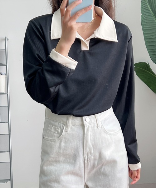 MAISON DE THERESE（メゾン ド テレーズ）の「バイカラー　ポロシャツ（ポロシャツ・レディース・ベージュ/ブラック/ベージュ系1/モカ・M/XL/L）」の12枚目の写真