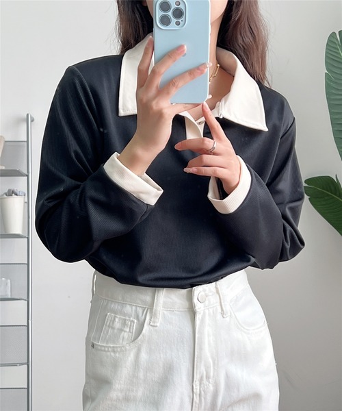 MAISON DE THERESE（メゾン ド テレーズ）の「バイカラー　ポロシャツ（ポロシャツ・レディース・ベージュ/ブラック/ベージュ系1/モカ・M/XL/L）」の13枚目の写真