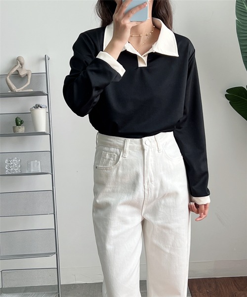 MAISON DE THERESE（メゾン ド テレーズ）の「バイカラー　ポロシャツ（ポロシャツ・レディース・ベージュ/ブラック/ベージュ系1/モカ・M/XL/L）」の14枚目の写真