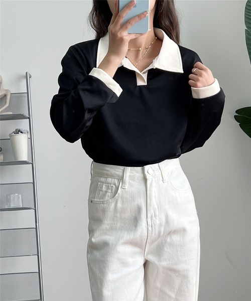 MAISON DE THERESE（メゾン ド テレーズ）の「バイカラー　ポロシャツ（ポロシャツ・レディース・ベージュ/ブラック/ベージュ系1/モカ・M/XL/L）」の15枚目の写真