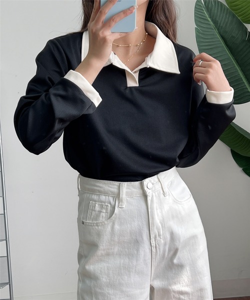 MAISON DE THERESE（メゾン ド テレーズ）の「バイカラー　ポロシャツ（ポロシャツ・レディース・ベージュ/ブラック/ベージュ系1/モカ・M/XL/L）」の16枚目の写真