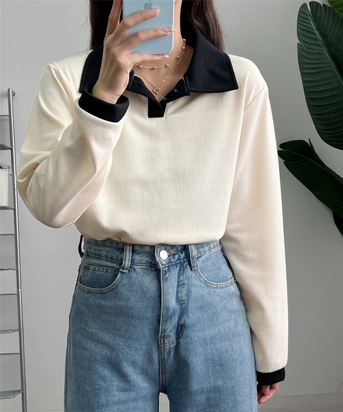 MAISON DE THERESE（メゾン ド テレーズ）の「バイカラー　ポロシャツ（ポロシャツ・レディース・ベージュ/ブラック/ベージュ系1/モカ・M/XL/L）」の18枚目の写真