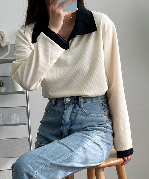 MAISON DE THERESE（メゾン ド テレーズ）の「バイカラー　ポロシャツ（ポロシャツ・レディース・ベージュ/ブラック/ベージュ系1/モカ・M/XL/L）」の19枚目の写真