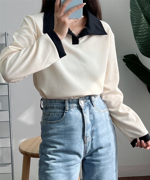 MAISON DE THERESE（メゾン ド テレーズ）の「バイカラー　ポロシャツ（ポロシャツ・レディース・ベージュ/ブラック/ベージュ系1/モカ・M/XL/L）」の21枚目の写真