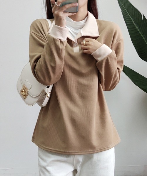 MAISON DE THERESE（メゾン ド テレーズ）の「バイカラー　ポロシャツ（ポロシャツ・レディース・ベージュ/ブラック/ベージュ系1/モカ・M/XL/L）」の22枚目の写真