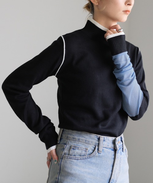 select MOCA(セレクトモカ)の「ロングスリーブツートーンニットトップス(ニット/セーター・レディース・ブラック/オレンジ/グリーン・FREE)」の2枚目の写真