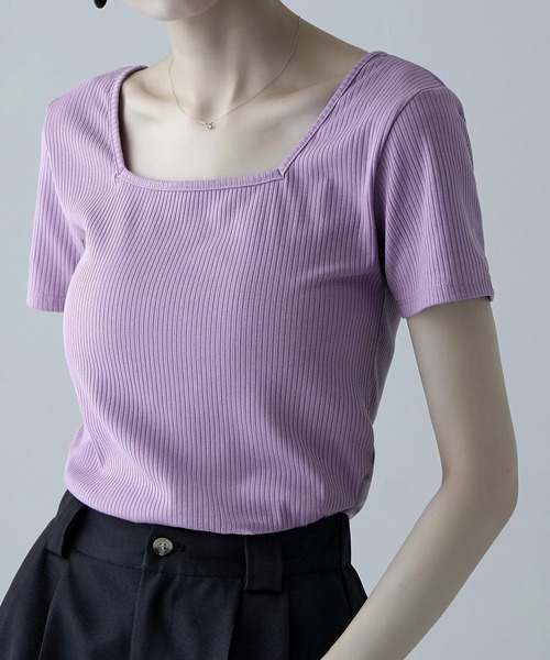 etoll.(エトル)の「前後2way スクエアネック リブ Tシャツ(Tシャツ/カットソー・レディース・ブラック/パープル/オフホワイト・M)」の11枚目の写真