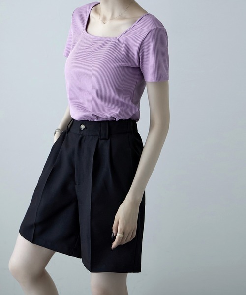 etoll.(エトル)の「前後2way スクエアネック リブ Tシャツ(Tシャツ/カットソー・レディース・ブラック/パープル/オフホワイト・M)」の8枚目の写真