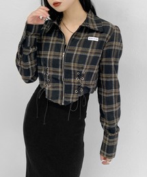 LVEU. | 【LVEU.】レースアップデザインジップシャツ / チェックシャツ シャツ レースアップ ブラック(シャツ/ブラウス)