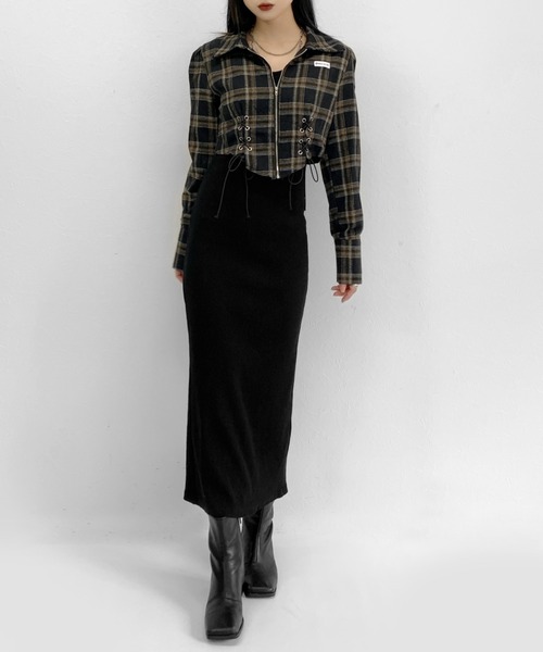 LVEU.(ラブユ.)の「【LVEU.】レースアップデザインジップシャツ / チェックシャツ シャツ レースアップ ブラック(シャツ/ブラウス・レディース・ブラック/ベージュ/ブラウン・FREE)」の4枚目の写真