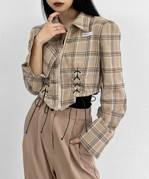 LVEU.(ラブユ.)の「【LVEU.】レースアップデザインジップシャツ / チェックシャツ シャツ レースアップ ブラック(シャツ/ブラウス・レディース・ブラック/ベージュ/ブラウン・FREE)」の17枚目の写真