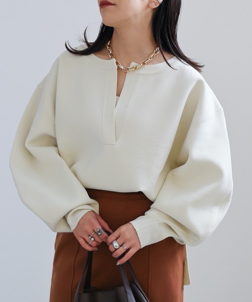 ap retro(アプレトロ)の「ダイバーニット深Vニットプルオーバー(ニット/セーター・レディース・ブラック/アイボリー/ホワイト×ブラック/ブラック×ホワイト/ホワイト×ブルー/ライトブルー/ライトグリーン・FREE)」の11枚目の写真