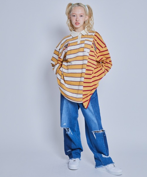 Candy Stripper（キャンディストリッパー）の「STRANGERS BORDER SWITCHED POLO トップス（ポロシャツ・レディース・ネイビー/イエロー・2）」の3枚目の写真