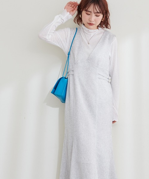 natural couture（ナチュラルクチュール）の「WEB限定カラー有り/サイドベルトデザインツィードジャンスカ（ジャンパースカート・レディース・オフホワイト/ミント/ブラウン/ブラック・FREE）」の5枚目の写真