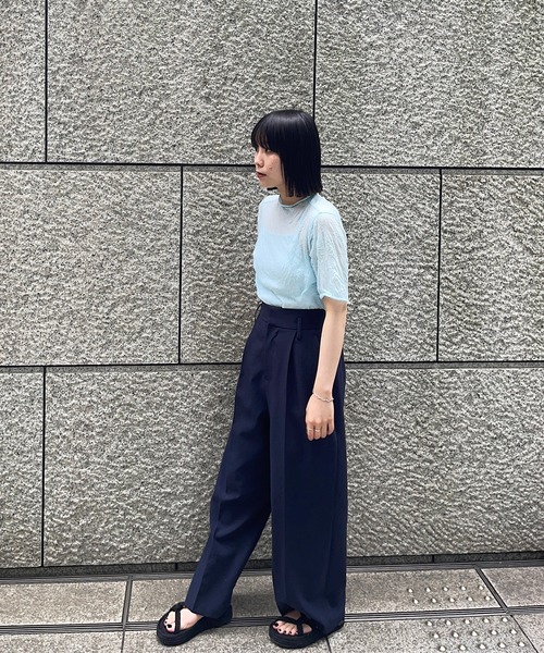 MIDIUMISOLID（ミディウミソリッド）の「シースルーハイネックハーフスリーブインナー（Tシャツ/カットソー・レディース・オフホワイト/ライトブルー/ブラック/ベージュ・FREE）」の19枚目の写真