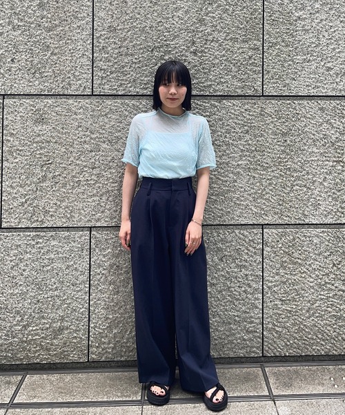 MIDIUMISOLID（ミディウミソリッド）の「シースルーハイネックハーフスリーブインナー（Tシャツ/カットソー・レディース・オフホワイト/ライトブルー/ブラック/ベージュ・FREE）」の20枚目の写真