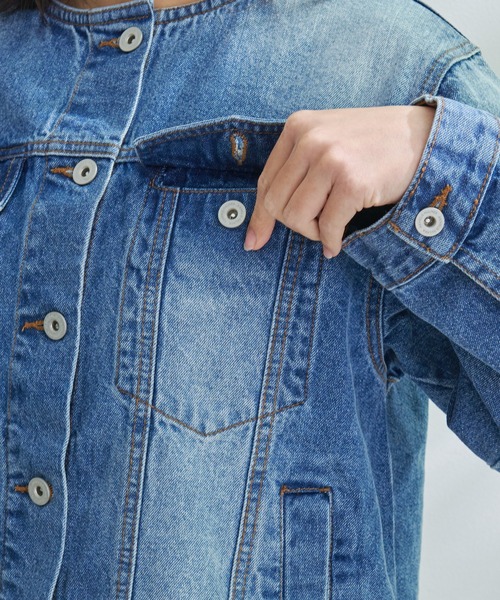 Arnold Palmer(アーノルドパーマー)の「ノーカラー オーバー デニム ジャケット(デニムジャケット・レディース・インディゴブルー/ブルー/ライトブルー・L/M/S)」の8枚目の写真