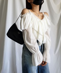 【PREMIUM】【最高級★LUXURY STYLE】アシメントリーオフショルダー長袖ブラウス　アイボリー ピンク スカイ S/M【onbal-n25022502top】( mja )(250318) KOBE LETTUCE ブラウス レディース オフショルダー 5分袖 7分袖