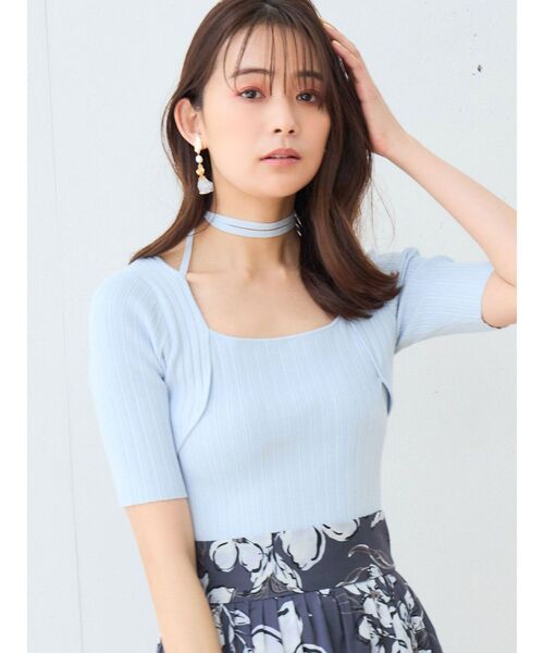 MERCURYDUO（マーキュリーデュオ）の「チョーカーリボンハーフスリーブリブニット（ニット/セーター・レディース・ライトブルー/チャコールグレー/ミント/オフホワイト・FREE）」の5枚目の写真