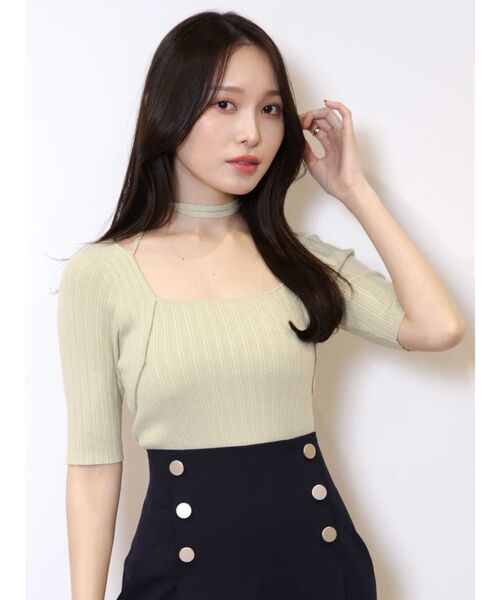 MERCURYDUO（マーキュリーデュオ）の「チョーカーリボンハーフスリーブリブニット（ニット/セーター・レディース・ライトブルー/チャコールグレー/ミント/オフホワイト・FREE）」の11枚目の写真