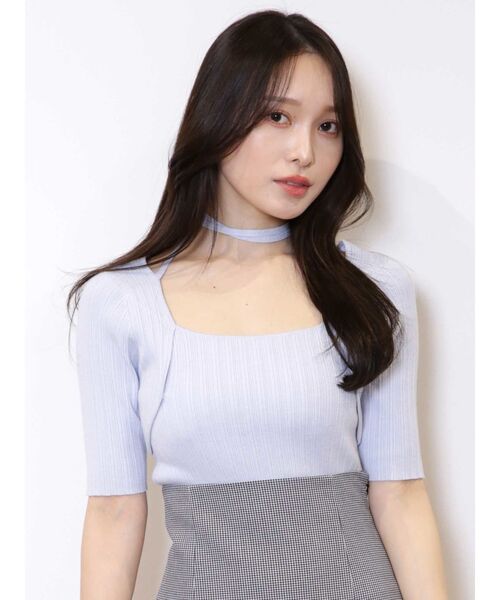 MERCURYDUO（マーキュリーデュオ）の「チョーカーリボンハーフスリーブリブニット（ニット/セーター・レディース・ライトブルー/チャコールグレー/ミント/オフホワイト・FREE）」の14枚目の写真