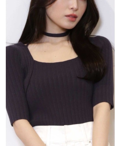 MERCURYDUO（マーキュリーデュオ）の「チョーカーリボンハーフスリーブリブニット（ニット/セーター・レディース・ライトブルー/チャコールグレー/ミント/オフホワイト・FREE）」の2枚目の写真