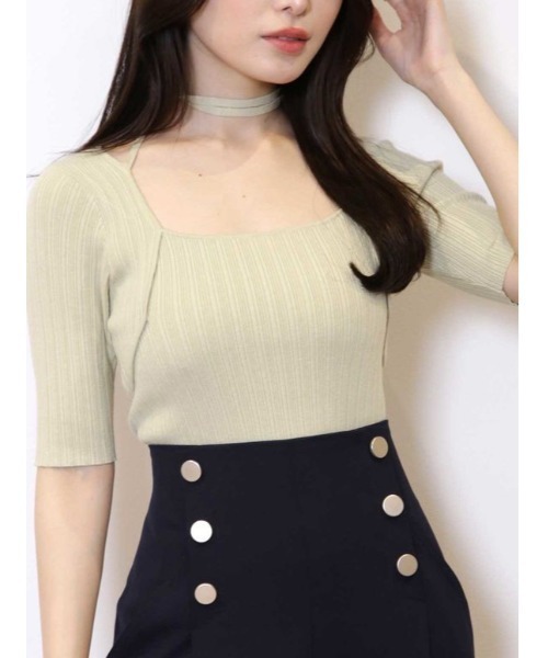 MERCURYDUO（マーキュリーデュオ）の「チョーカーリボンハーフスリーブリブニット（ニット/セーター・レディース・ライトブルー/チャコールグレー/ミント/オフホワイト・FREE）」の3枚目の写真