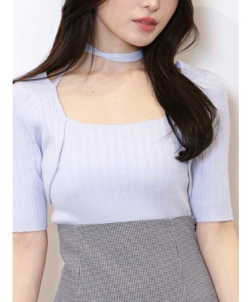 MERCURYDUO（マーキュリーデュオ）の「チョーカーリボンハーフスリーブリブニット（ニット/セーター・レディース・ライトブルー/チャコールグレー/ミント/オフホワイト・FREE）」の4枚目の写真